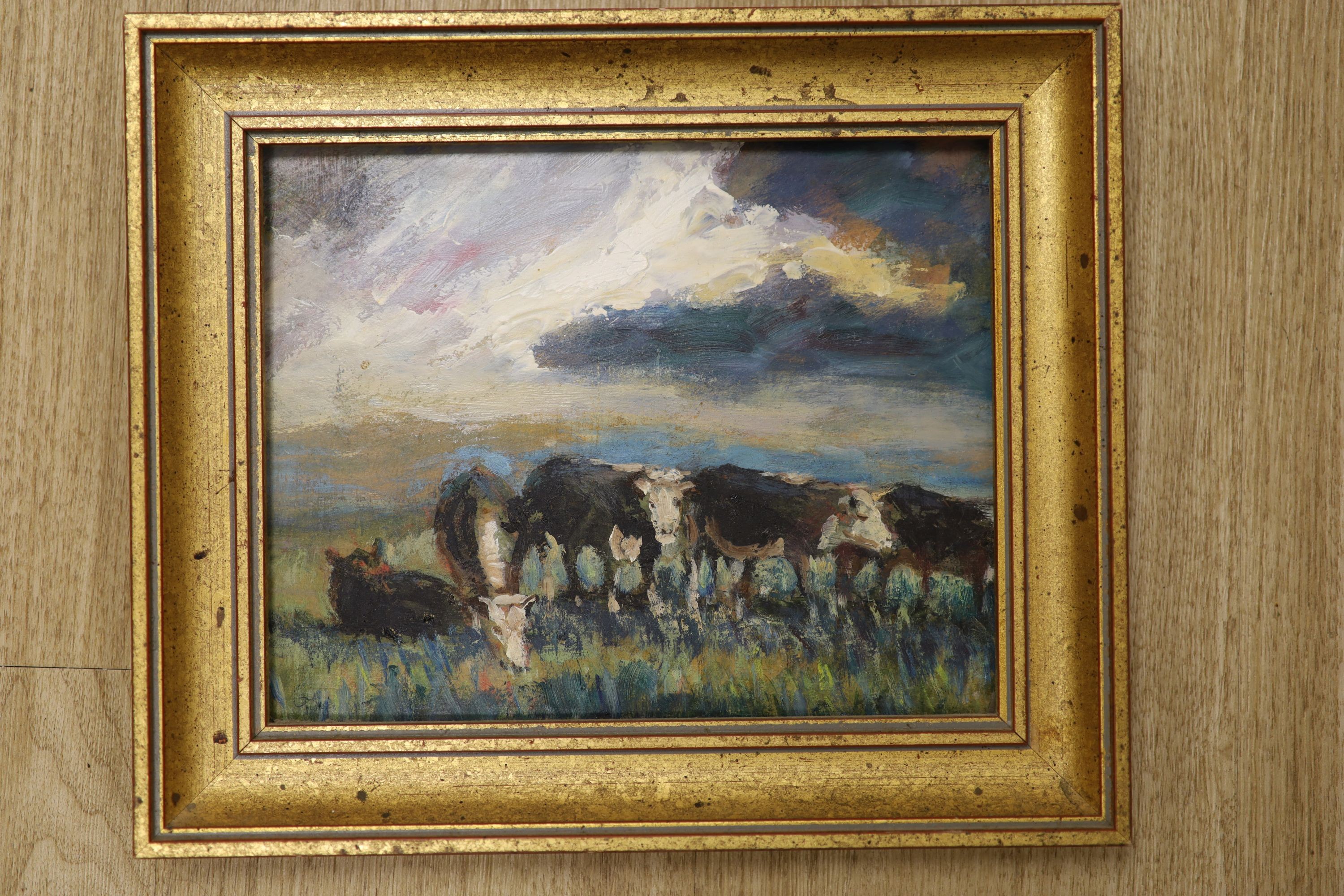 George Manchester (1922-1996), oil on card, cattle grazing, initialled with artists label verso, 20 x 25cm.